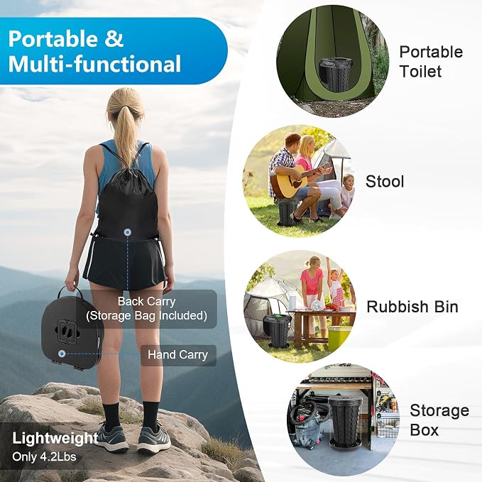 imodomio Retractable Portable Toilet Camping Toilet - Adjustable Height Camp Toilet Portable Potty for Camping, Car, Travel, Boat, Beach, Tent and Emergency Use