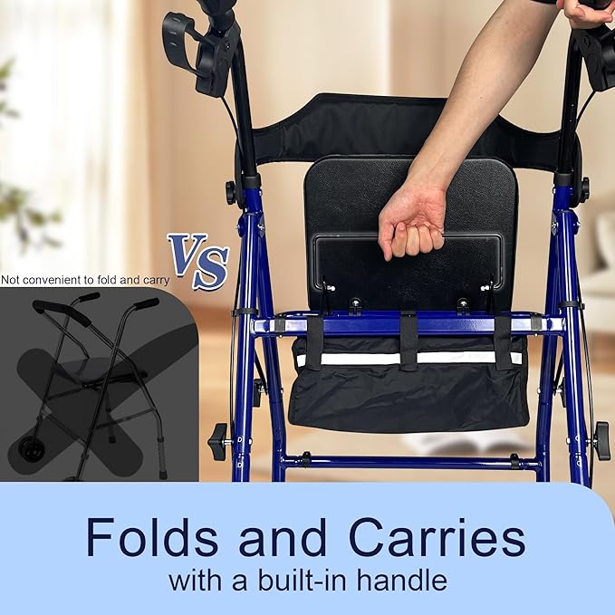Foldable Rollator Walker with Seat for Seniors, All-Terrain Wheels, 350lb Capacity, Reinforced Inner Metal Rod for Easy Folding & One-Hand Carry, Lightweight Rolling Walker - Blue