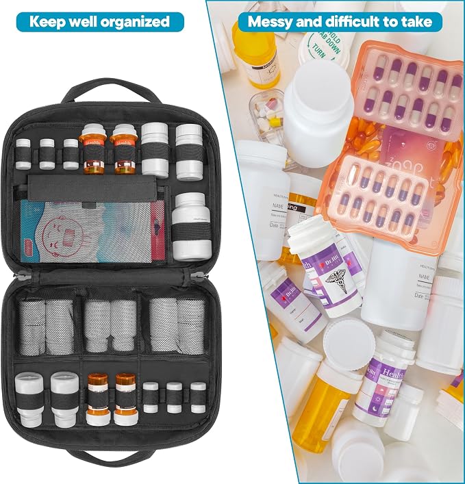 Damero Pill Bottle Organizer, Travel Medicine Bag, Black (Bag ONLY) | Medication Organizer Storage, with Mesh Pockets, Elastic Bands, Lockable Zipper, for Pills Bottles and Medical Supplements