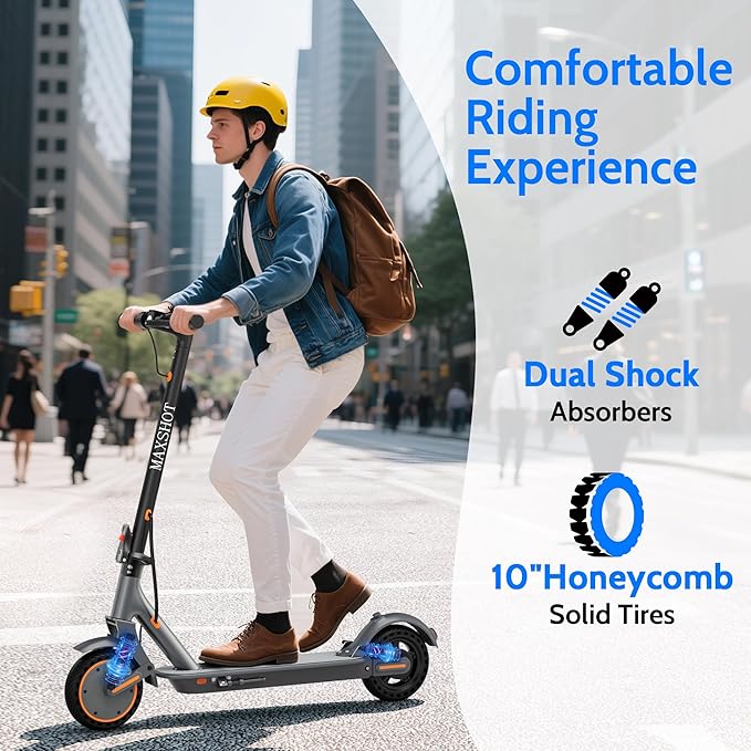 Maxshot Electric Scooter, 8.5" /10" /14" Tire, 16/19/22 Mph Top Speed, 12/16/21/27/28/49/50 Miles Long Range, Folding Escooter for Adults and Kids with Seat Bag, Dual Braking, Dual Suspension, App