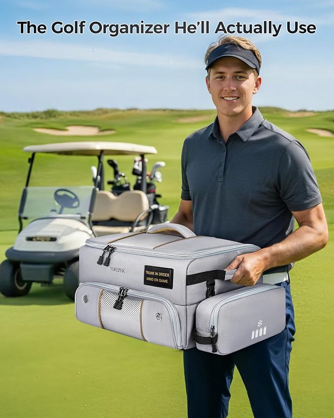 YOREPEK Upgraded Golf Trunk Organizer with Removable Insulated Pouch | Golf Gifts for Men, Golf Organizer with Dust-Proof Protective Layer, Multi-Compartment fit 2 Pairs of Shoes, Golfing Stuff