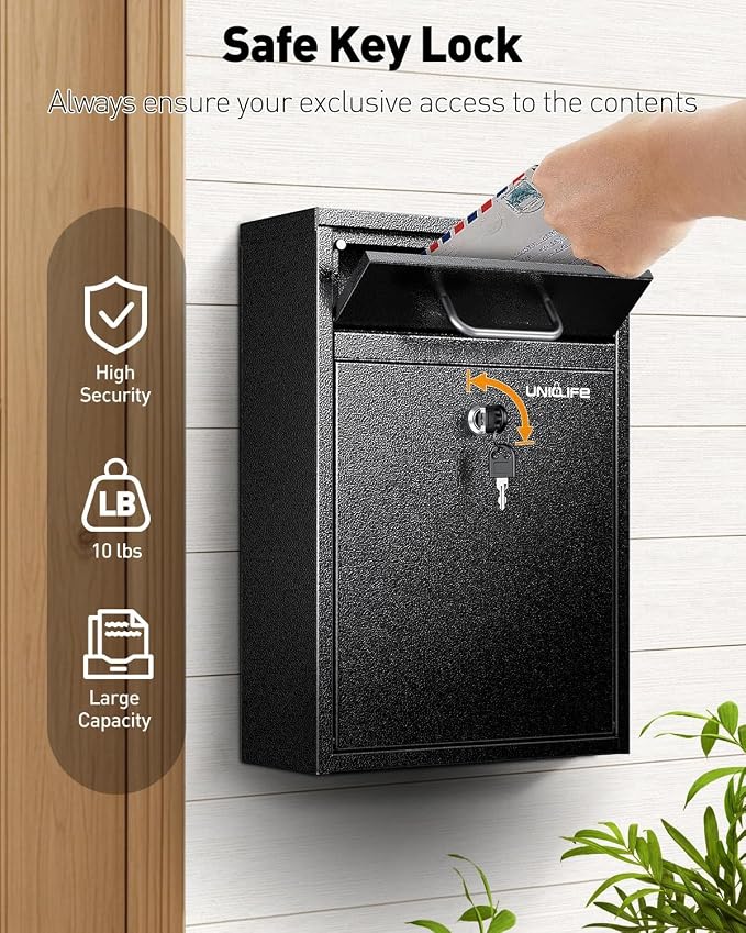 Uniclife Wall Mount Mailbox for Outside, Locking Mailbox with Key Lock | Anti-Theft Function, Heavy Duty, Large Mailbox with Key Lock, Safe Key Drop Box, Steel Cash Drop Box for Home Office, Black