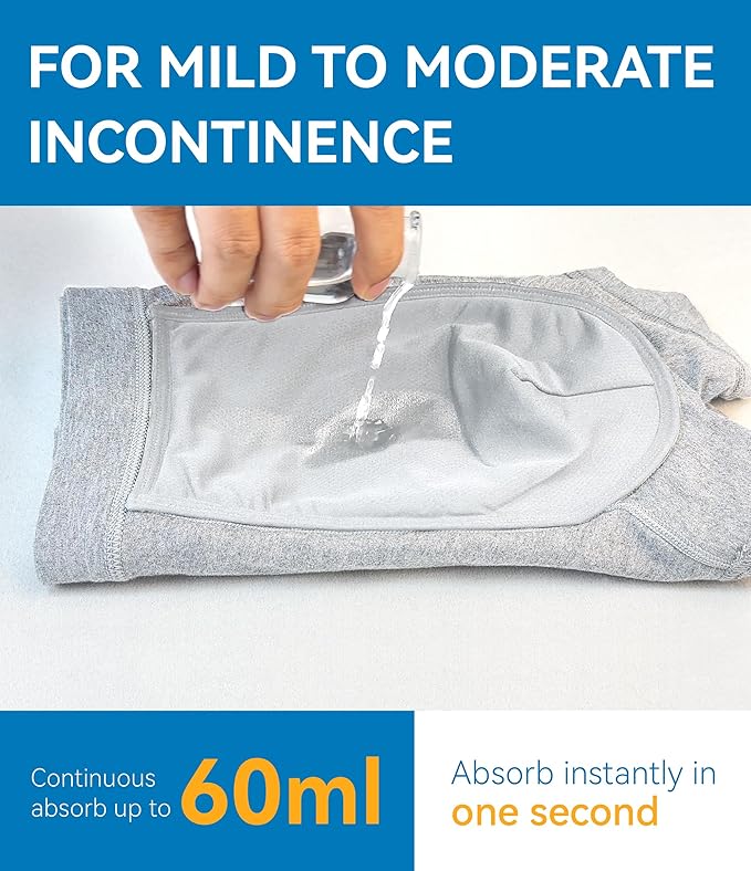 Mens Incontinence Underwear Washable Leak and Odor Protection 60ml Absorbency Covered Waistband Boxer Briefs 3 Pack (3 Gray, L)