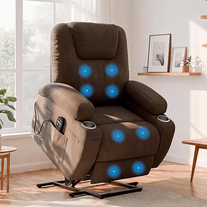JUMMICO Power Lift Recliner Chair for Elderly with Vibration Massage | Recliner Chair Ergonomic Lift Chair Cup Holder for Living Room (Leathaire, Dark Brown)