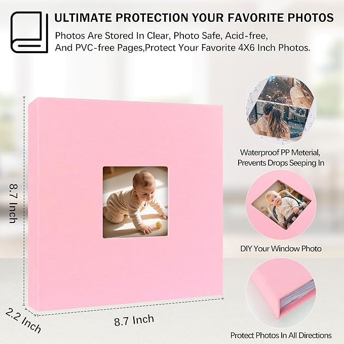 4x6 Photo Album Holds 240 Photos with Writing Space, Linen Cover Picture Book with Front Window for Family Wedding Baby Travel & Graduation Memories, Pink