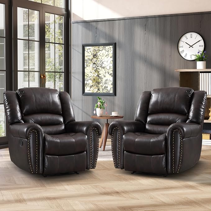 Leather Recliner Chair Set of 2, Classic and Traditional Manual Recliner Chair with Comfortable Arms and Back,Manual Single Recliner Sofa for Living Room, Dark Brown