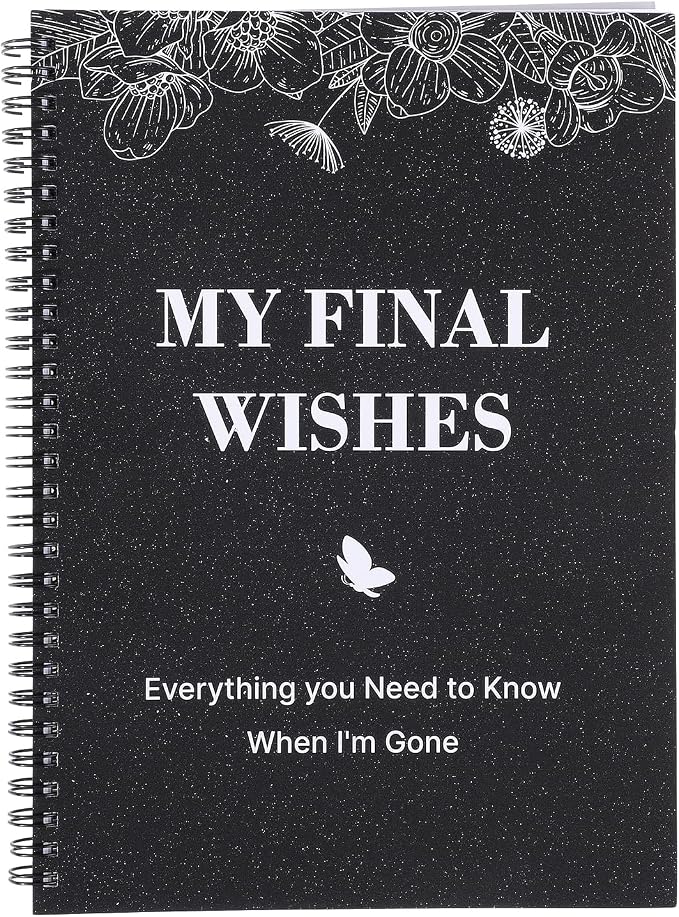 Thboxes My Final Wishes Planner, End of Life Estate Organiser Book, Black | Spiral Bound Notebook, 7.4 x 10.1 In, Possessions And Affairs Pages, When I Am Gone Notes, for Adults, Seniors, Families