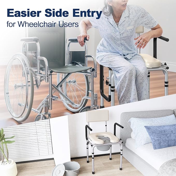 Drop Arm Bedside Commode, Portable Toilet for Adults up to 400lbs | Commode Toilet Chair w/ Padded Seat and Backrest, 6.3QT Removable Bucket Splash Guard, Paper Holder, Height Adjustable Beige