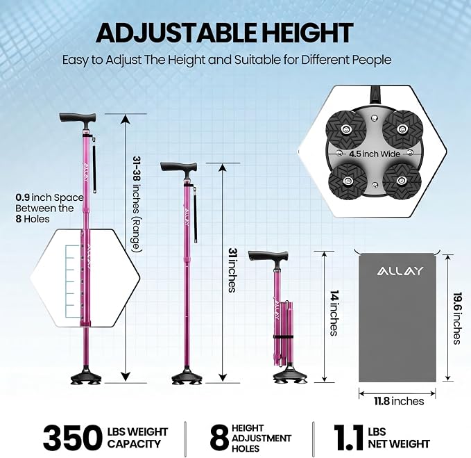 Allay Walking Canes for Men & Women - Adjustable Canes for Women for Stability, Self Standing Wide Quad Pivot Base, Light Weight, Soft Handle Grip and Travel Bag, Walking Sticks for Seniors