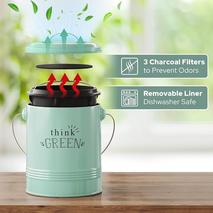 Barnyard Designs 1.2 Gallon Kitchen Counter Compost Bin with Lid (Mint) | Countertop Composter with Smell-Absorbing Filters and Removable Inner Bucket; Food Waste Pail for Easy Cleaning