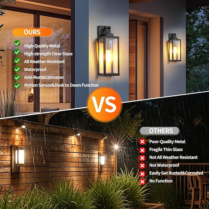 16 Inch Motion Sensor Dawn to Dusk Outdoor Sensor Light Fixture Anti-Rust Exterior Wall Lighting Waterproof Outdoor Wall Lantern for Porch Patio Front Door Garage - 2 Pack