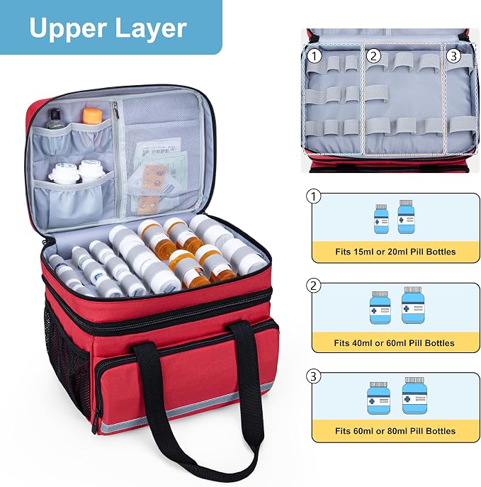 CURMIO Double Layers Pill Bottle Organizer, Medicine Storage Case, Red | Emergency Medical Supplies for Home Care, for First Aid Kits, Multifunctional Bag, Home Storage, Dormitory, Travel, Empty Bag