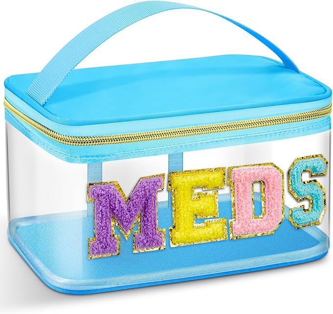 Geetery Chenille Letter Bag, Meds Cheer Travel Cases Cheerleader Gifts Cosmetic Bag Nylon Makeup Portable Preppy Patch with Zipper Toiletry Storage Case for Women(Blue,Meds)