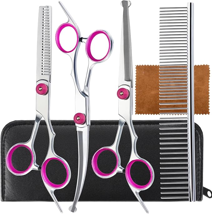5 in 1 Premium Dog Grooming Scissors, Professional Dog Scissors for Grooming with Safety Round Tips, Lengnoyp Stainless Steel Thinning Shears, Pet Cat Shears for Grooming Kit, Pink