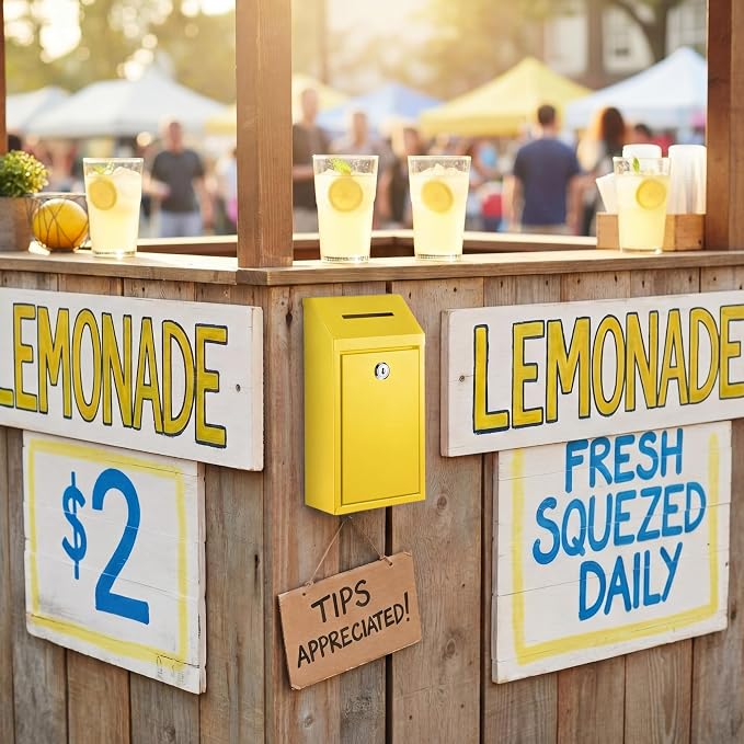 Yaocom Metal Money Box,Yellow,10.24 x 5.71 x 2.95 Inch,No Lid | Wall Mounted Drop Donation Cash Box for Farm Stand Collection Safe Suggestion Box with Lock Container for Home Office Outdoor