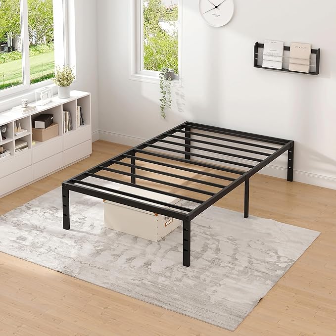 NEW JETO Metal Bed Frame,Twin Size Bed Frame with Storage Space,18 Inch | Heavy Duty Sturdy Mattress Foundation,Easy Assembly,No Box Spring Needed, Black