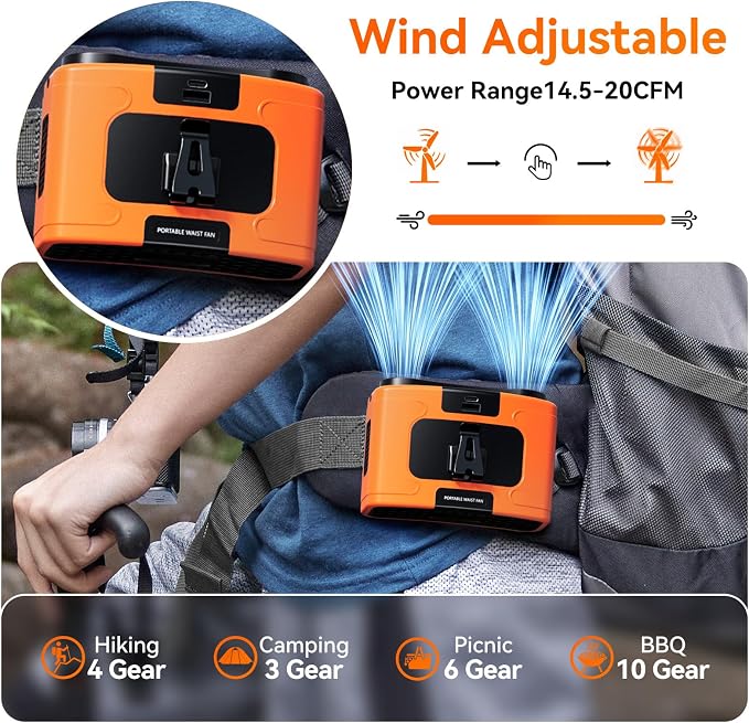 Doublepow 10000mAh Portable Waist Fan, Personal Dual Waist Fan, Clip On Belt Hanging Neck, Dual Motor 20H&10 Speed 16000RPM Strong Airflow, USB Rechargeable Fans, for Outdoor Work Travel(K60-Orange)
