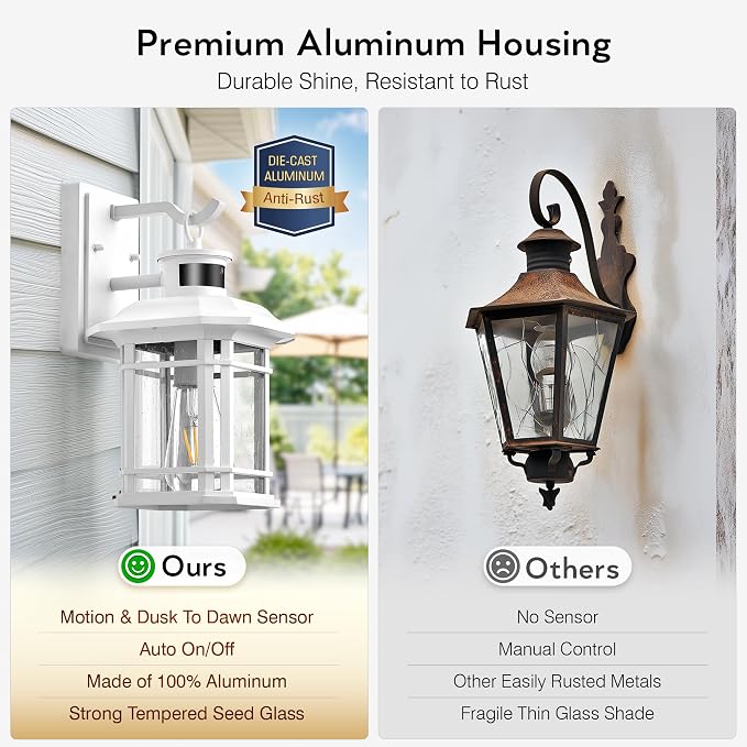 VIANIS Motion Sensor Exterior Lights for House, White Dusk to Dawn Outdoor Lighting, 100% Waterproof Front Porch Light Fixtures, Modern Exterior Sconce with Tempered Seeded Glass for Garage