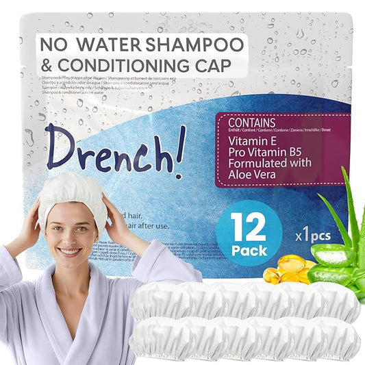 Drench! No Water Hair Washing Cap - Waterless Shower Caps with Shampoo and Conditioner - Disposable Rinse Free Wash Aids - Ideal for Elderly and Disabled - Pack of 12