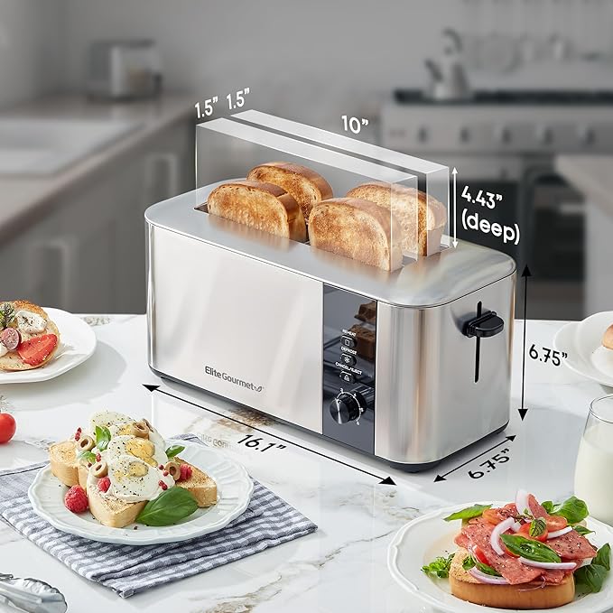 Elite Gourmet ECT3401 Long Slot 4 Slice Toaster, 1.5” Slot Width, 6 Toast Shade Settings, Reheat, Defrost & Cancel Functions, Extra Large Slots for Bagels, Waffles, Artisan Breads, Stainless Steel