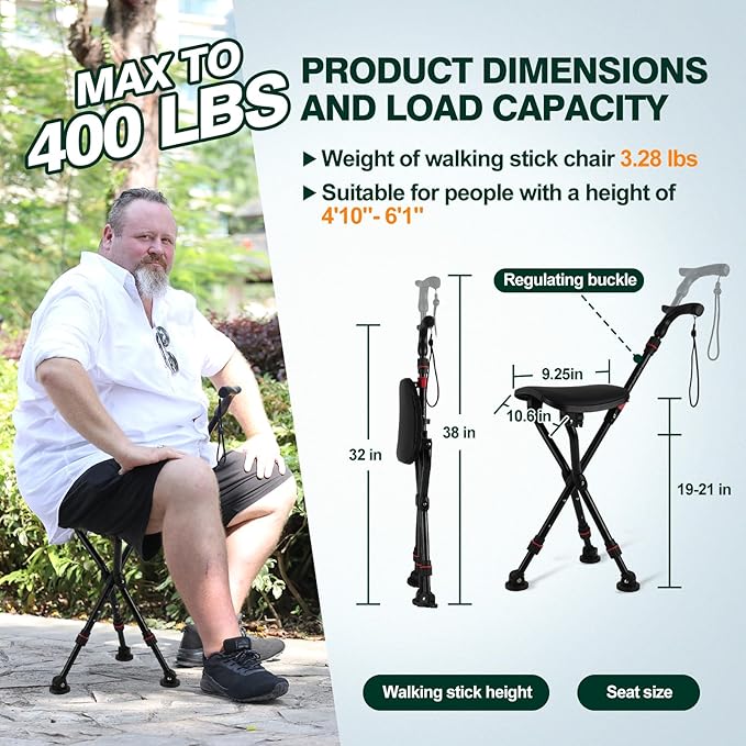 Walking Cane with Seat Holding 400 lbs – Heavy-Duty Folding Cane Chair with Upgraded Detachable 3 Legs, ABC Markings, Adjustable 19"-22" Seat Height, Large Comfort Seat for Seniors