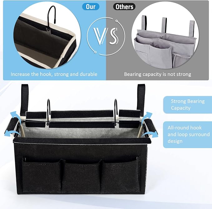 Bedside Caddy Bedside Storage Bag for Headboards/Bunk Bed | Hanging Bed Caddy with Hooks fits Bunk bed Hospital Beds Dorm Bed Rails, Essentials for Phones, Books, Remotes, Water Bottles