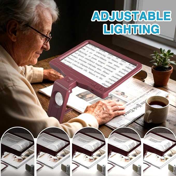 30X 6X Rechargeable Magnifying Glass for Reading, Large Full Page Magnifier with Folding Stand, 3 Color Light Modes, Dimmable LED Lighted, Hands Free Book Magnifier for Low Vision Seniors, Red