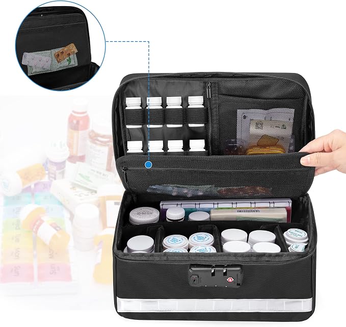 Damero Locking Pill Bottle Organizer with Inner Dividers, Black | Medicine Storage and Organizer Bag Combination Lock, Medicine Lock Bag for Medicine, Vitamins and Medical Supplies