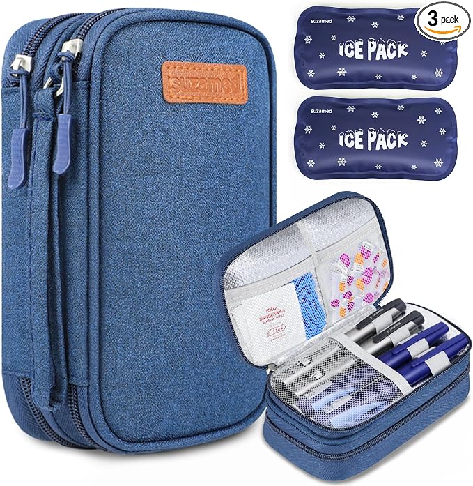 suzamed Insulin Cooler Travel Case, Double Layer Medicine Kit Diabetes Travel Case, Portable Medicine Organizer with 2Pack 150g Ice Pack TSA Approved for Insulin Pens Diabetic Supplies (Blue)