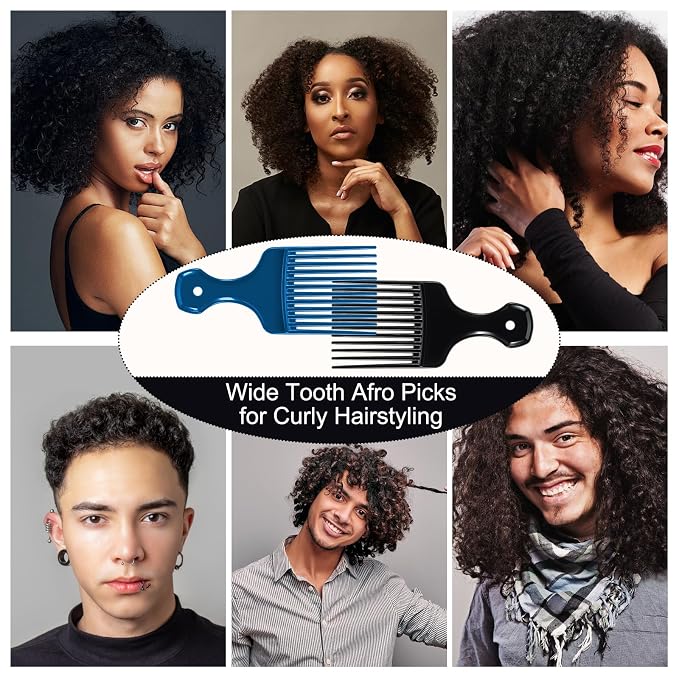 SIMPOR 2 Pcs Hair Pick Comb Wide Tooth Lift for Hair Styling Detangling, Plastic Afro Pick for Women Men, Fist Picks for Curly and Afro Hair (Metallic Blue, Black)