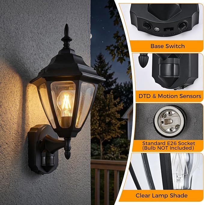 Porch Lights Outdoor Motion Sensor Wall Sconce Anti-Rust Aluminum, Exterior Outdoor Wall Lights Dusk to Dawn Porch Light Fixture Wall Mount for House Outside Patio Large