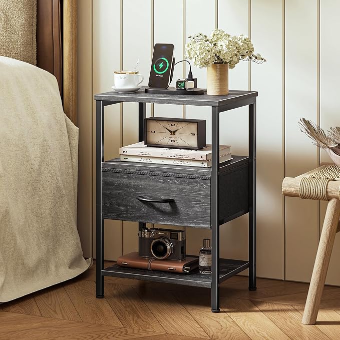 SUPERJARE Nightstand with Charging Station, USB-C Port, Bedside Table | Night Stand for Bedroom, with Adjustable Fabric Drawer, 3-Tier Storage End Table, for Living Room