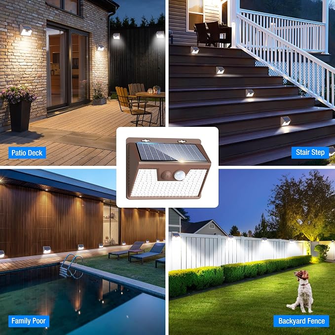 Solar Lights Outdoor Waterproof [12 Packs/140 LEDs], 3 Lighting Modes Solar Motion Sensor Light Outdoor, Ultra Bright Security Lights Outdoor Solar Lights for Outside Fence Patio Deck[Brown]