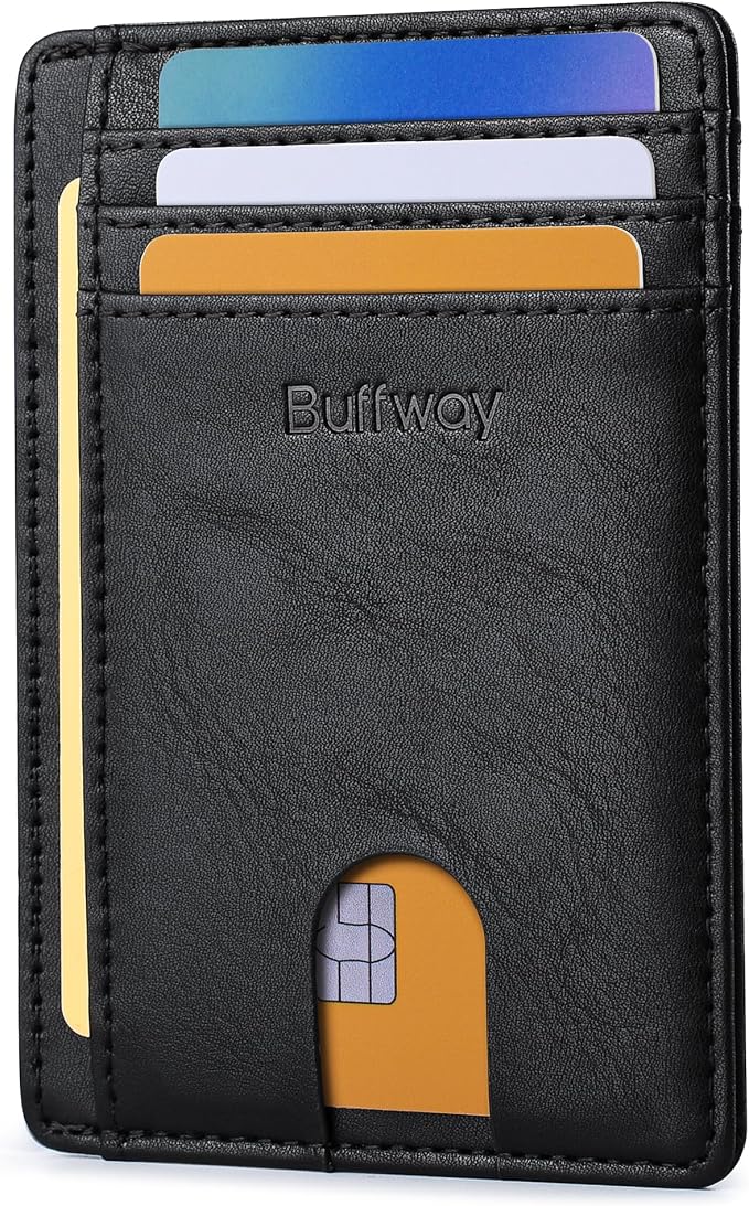 Buffway Slim Minimalist Front Pocket RFID Blocking Leather Wallets for Men and Women - Slate Black | Slim