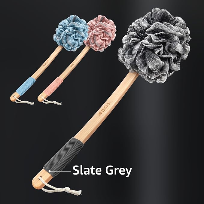Toem® Loofah Back Scrubber for Shower | Bamboo Charcoal | Long Handle | Luffa & loofa for men & women | Bath sponge | Kit: long-handled scrubber + pouf + hook | Body wash scrub stick | Slate Grey