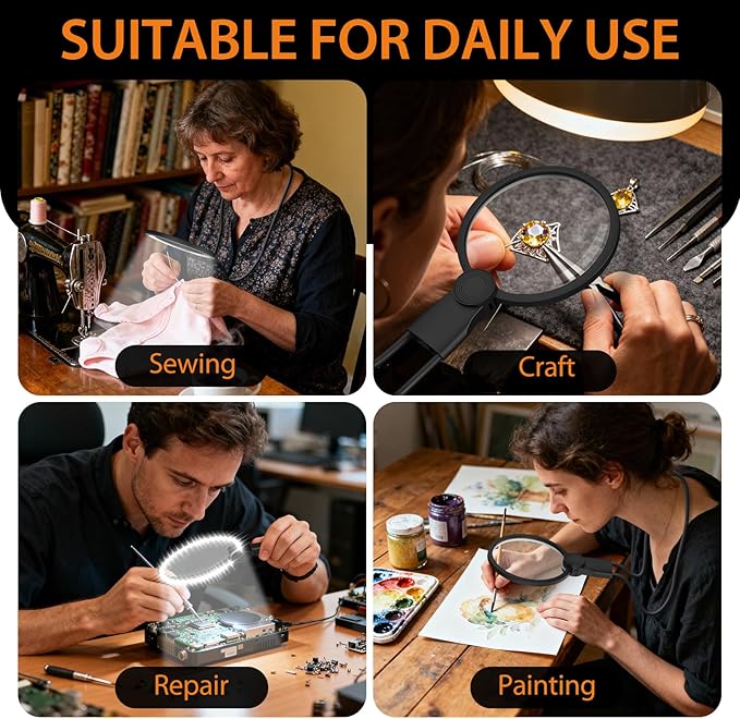 Hands-Free Magnifying Glass with Light, 5X Neck Magnifier for Close Work, Reading Small Print, Cross Stitch, Sewing & Crafts, Rechargeable Lighted Magnifier, Vision Aid for Seniors & Low Vision