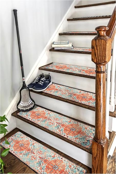Boho Stair Treads Non Slip - Carpet Stair Treads for Wooden Steps Indoor, Stair Rugs for Kids, Elders and Dog, Stair Runners for Wooden Steps, 4 pcs