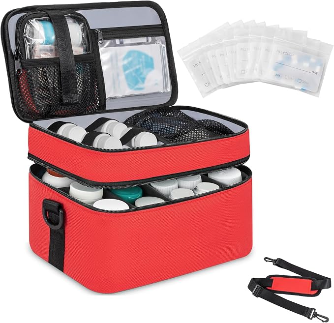 Medicine Organizer Bag with 100 Small Pill Bags and Portable Pouch | 2 Layer Lockable Medicine Travel Bag with Adjustable Divider, Suitable for Pills, Vitamins, Fish Oil,Medical Supplies