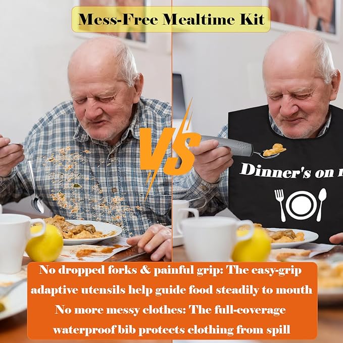 Adaptive Utensils with Adult Bib - 4pcs Weighted Utensils Set (2.5oz Each) for Hand Tremors, Elderly, Parkinson's, Arthritis - Non-Slip Easy Grip Handles for Independent Eating