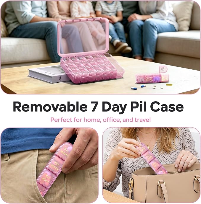 Daviky Pill Organizer 4 Times a Day - Pill Box 7 Day, Weekly Medicine Pill Organizer for Travel with Removable Containers, Pill Case to Hold Daily Vitamins, Supplements and Medication (Pink Purple)