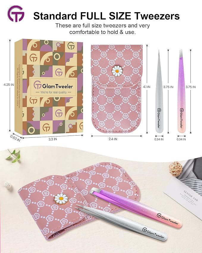 Expert Slant and Point Tip Tweezer Set with Exclusive Storage & Carrying Case, GlamTweeler Sharp & Precision Tweezer Set for Eyebrows, Facial Hairs and Fine Hairs Removal (Sparkle Violet + Silver)