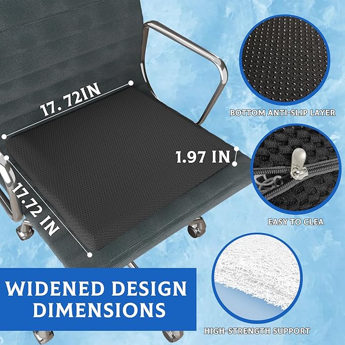 Breathable Seat Cushion, Wide Design, Easy Clean Fiber Cushion for Long Nannys, Drivers and Wheelchair Users - Eco-Friendly Cushion (Gray)