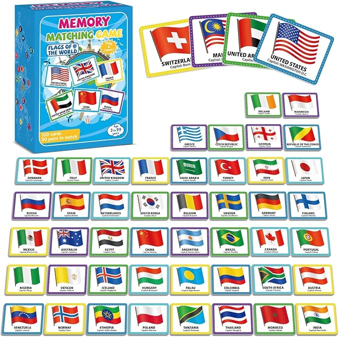 gisgfim 100 PCS Memory Matching Game Flags of The World Concentration Memory Card for Kids and Adults Learning Educational A Fun & Fast Countries of The World Matching Games