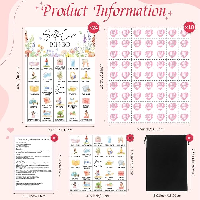 Pasimy 37 Pcs Self Care Bingo Game - 24 Self Care Bingo Cards, Therapy Bingos Games for Adults Large Group Mental Health Awareness Month Party Activities Supplies Counseling Session Gift