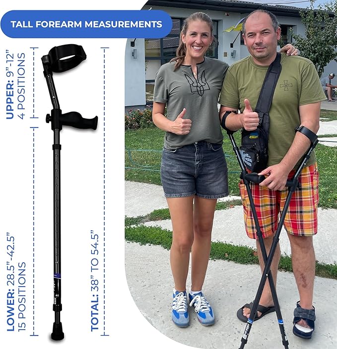 in-Motion Forearm Crutches | Spring Assist Crutches for Adults | Walking Crutch with Ergonomic Handle | Articulating Tips | Size Short (4'2" - 5'5") | Lightweight & Durable | Charcoal | 350lb Capacity