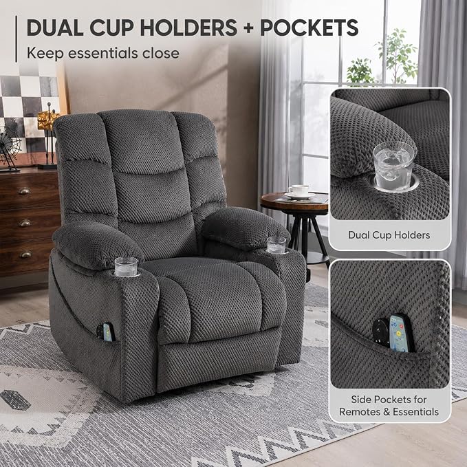 Ultra Wide Power Lift Recliner Chair for Elderly,Rotating Lounge Chair with Hot Massage Heating and Auxiliary Standing Function,Oversized Lazyboy Single Sofa with Cup Holder for Living Room (Grey)