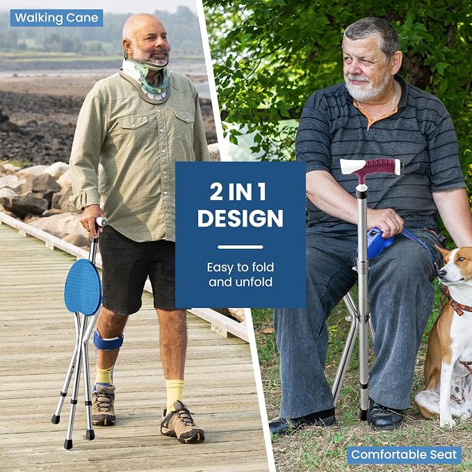 GYMAX Walking Stick Chair Combo, Folding Cane Seat with LED Light, Massage Seat Board & Ergonomic Handle, Adjustable Anti-Skid Walking Stick with Stool, Lightweight Outdoor Travel Rest Stool