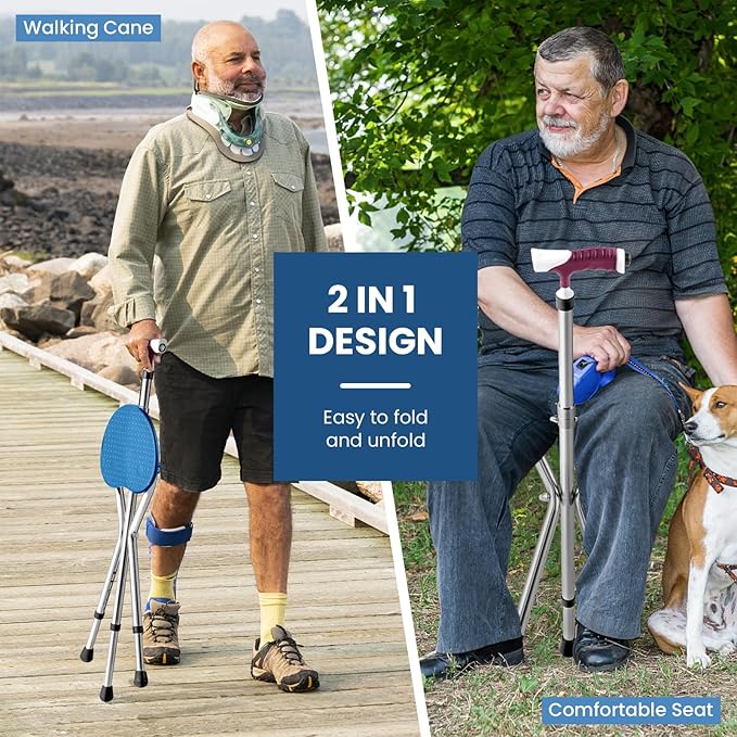 S AFSTAR Walking Cane with Seat, Height Adjustable Cane Chair with LED Light & Retractable 3 Legs, Portable Anti-Slip Seat Cane, Heavy Duty Walking Stick Chair for Seniors Elderly