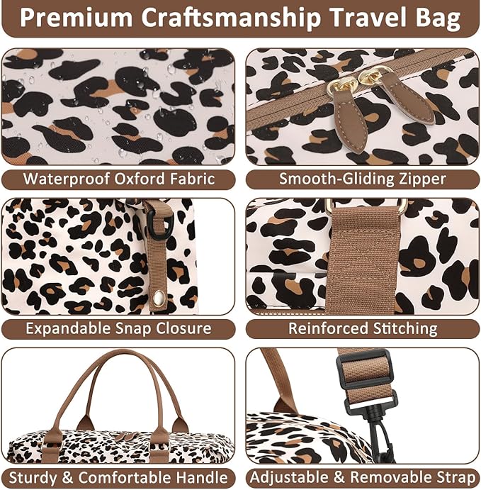ELONGRIVER Travel Duffle Bag for Women, Weekender Bags, Hospital Bag for Labor Delivery, Lightweight Tote Duffel Overnight Bag with Luggage Sleeve, Airplane Travel Bags with Toiletry Bag,Large,Leopard