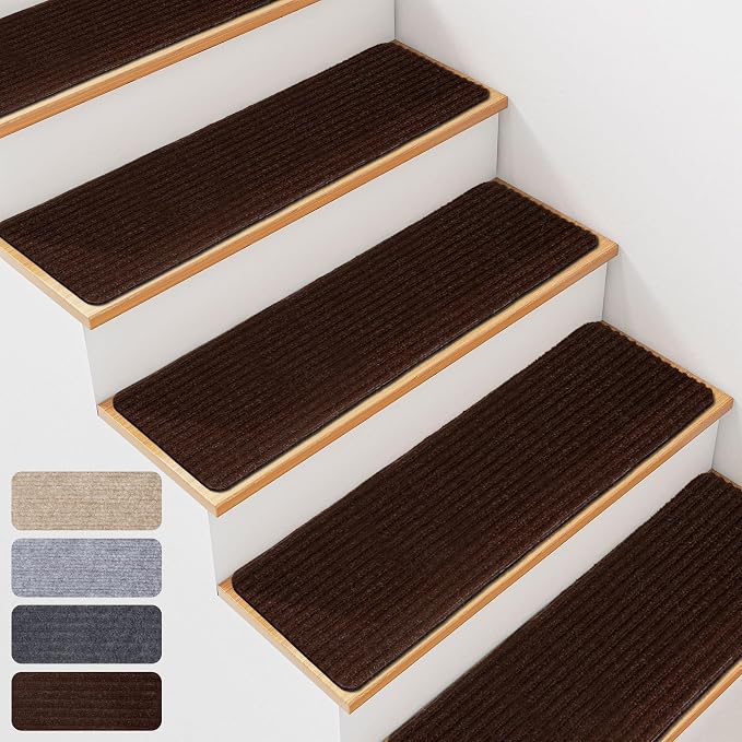 7 PCS Non Slip Stair Treads for Wooden Steps – 8"x30" Indoor Non Slip Stair Treads, Carpet Stair Mats with Self-Adhesive Backing, Removable & Machine Washable – Brown